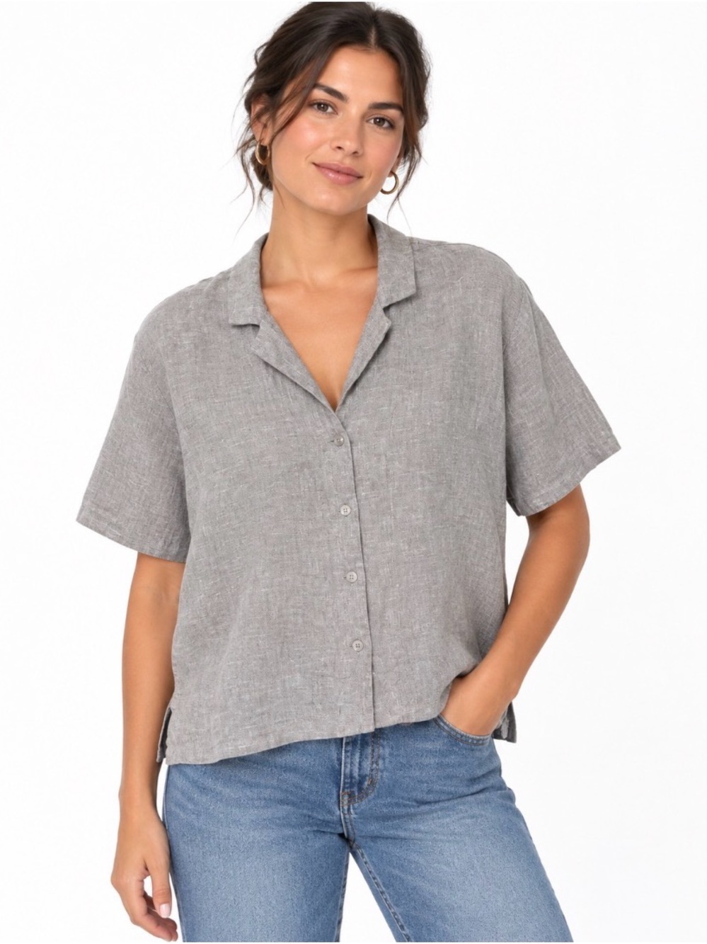 Quince 100% Linen Button Front Short Sleeve Shirt XL Gray Taupe NWOT